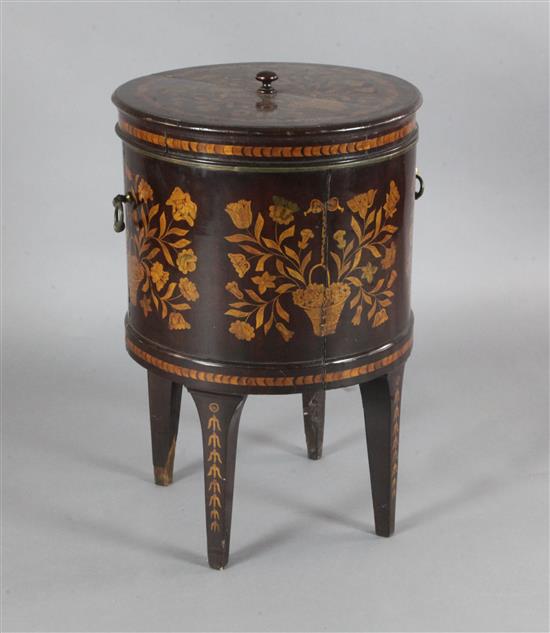 A late 18th century Dutch mahogany and marquetry cellaret, Diam.1ft 8in. H.2ft 6in.